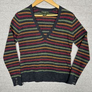 Eddie Bauer Sz XS Sweater Angora Blend Rainbow Striped Gray Soft Girlhood V-Neck